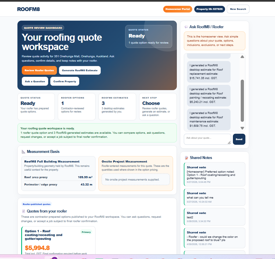 RoofM8 homeowner quote review workspace