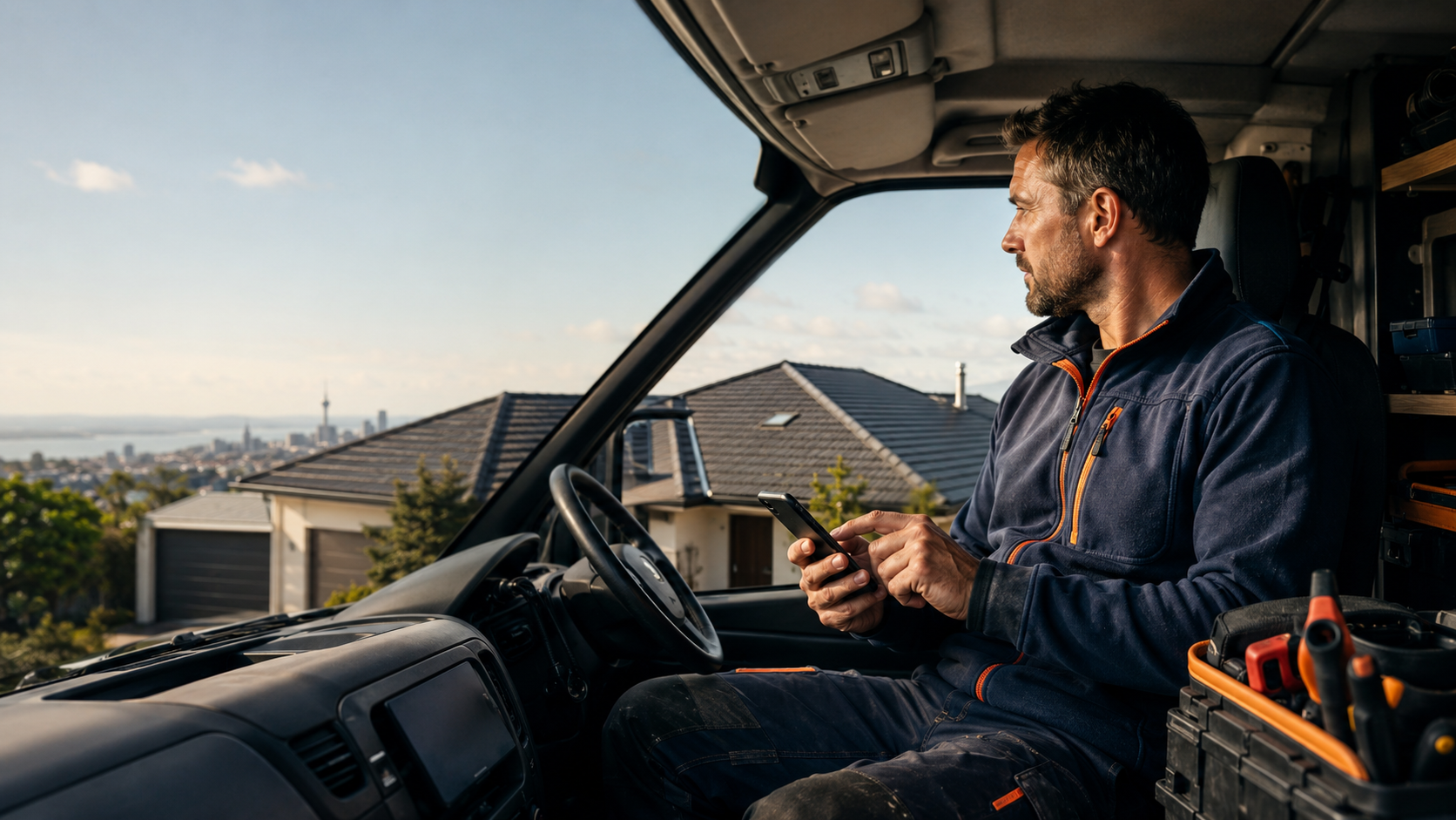 Roofer in van reviewing a roof before preparing a quote