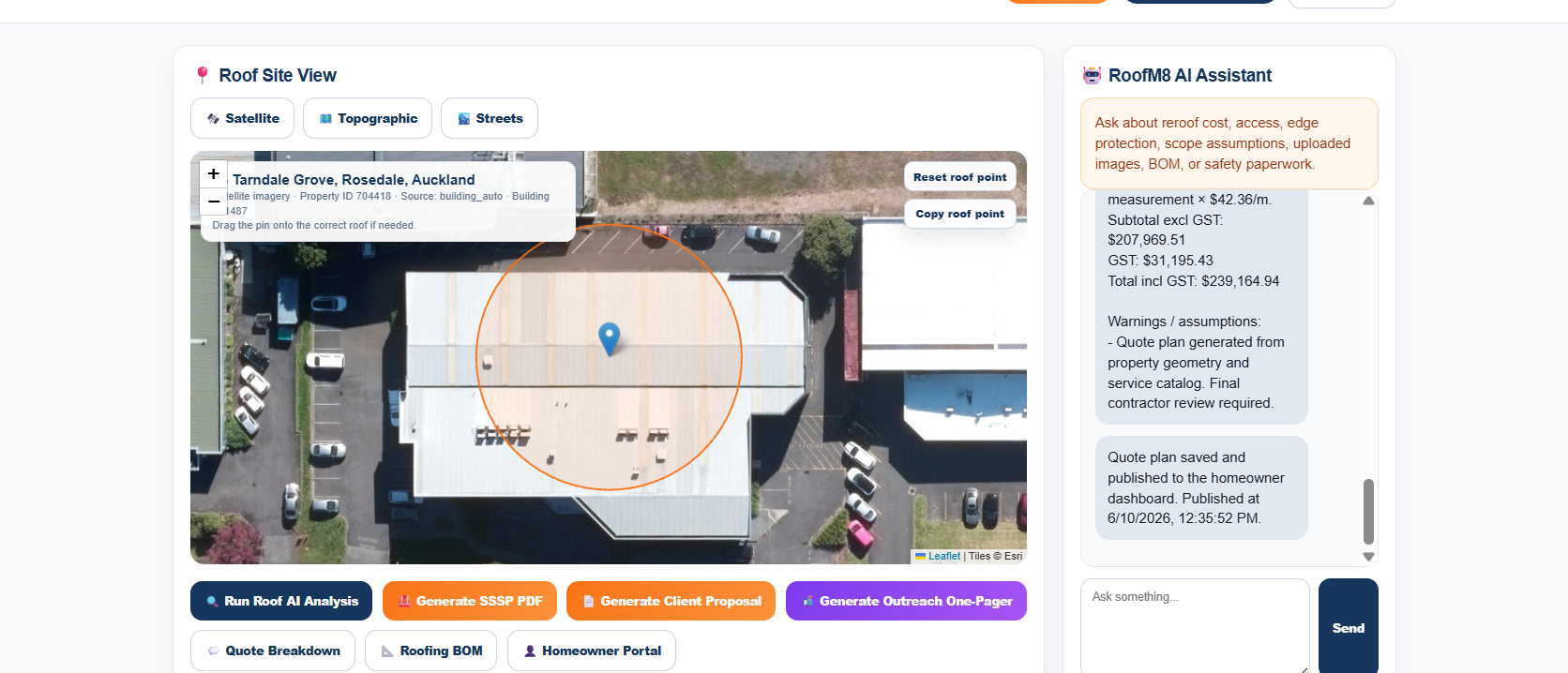 RoofM8 roofer workspace showing aerial roof viewer and report actions